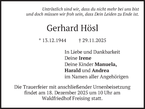 Traueranzeige von Gerhard Hösl von merkurtz
