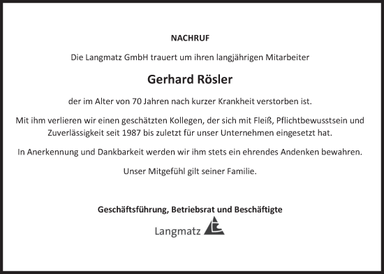 Traueranzeige von Gerhard Rösler von merkurtz