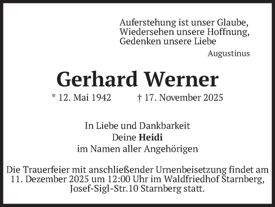 Traueranzeige von Gerhard Werner von merkurtz