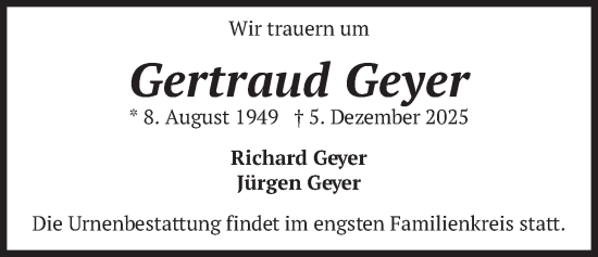 Traueranzeige von Gertraud Geyer von merkurtz