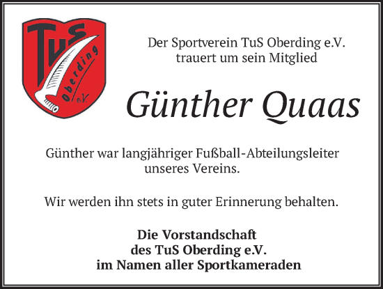 Traueranzeige von Günther Quaas von merkurtz