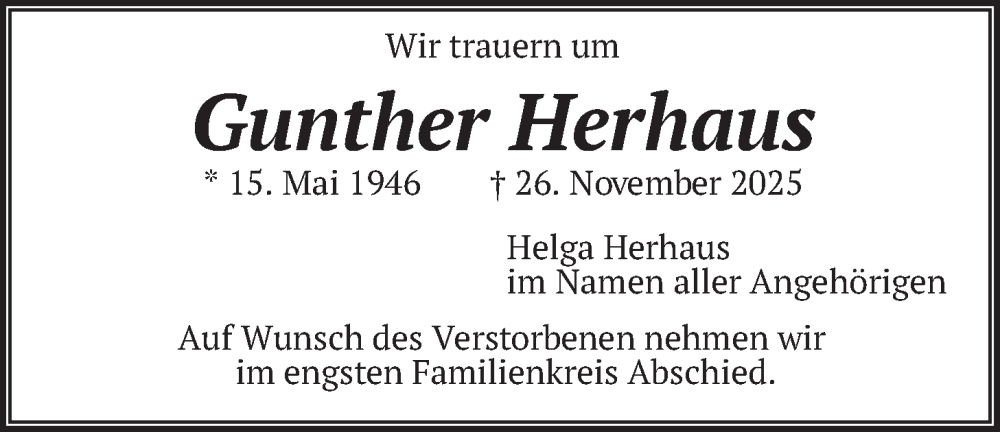  Traueranzeige für Gunther Herhaus vom 12.12.2025 aus merkurtz