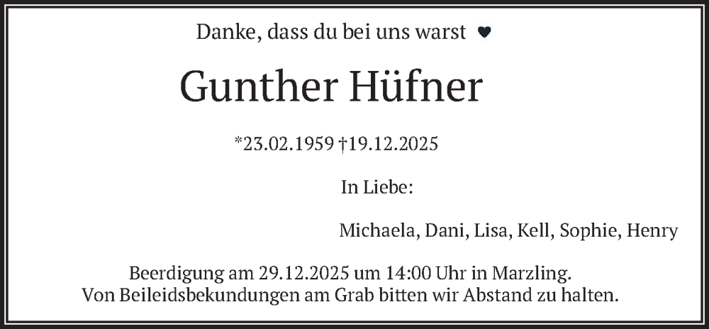  Traueranzeige für Gunther Hüfner vom 24.12.2025 aus merkurtz