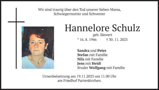 Traueranzeige von Hannelore Schulz von merkurtz
