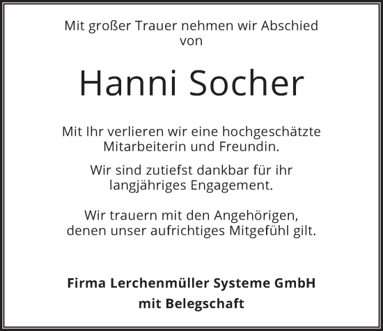 Traueranzeige von Hanni Socher von merkurtz