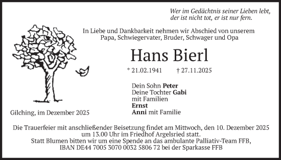 Traueranzeige von Hans Bierl von merkurtz