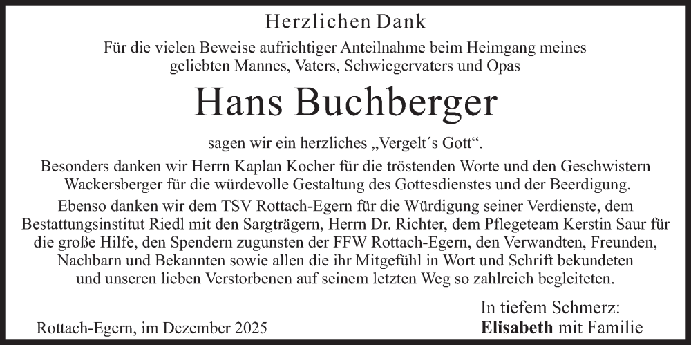  Traueranzeige für Hans Buchberger vom 27.12.2025 aus merkurtz