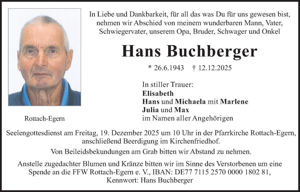  Traueranzeige für Hans Buchberger vom 16.12.2025 aus merkurtz