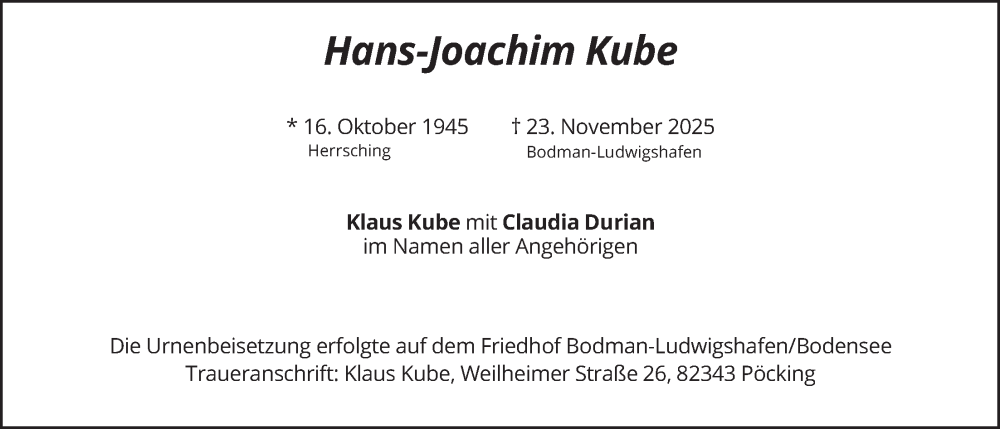  Traueranzeige für Hans-Joachim Kube vom 20.12.2025 aus merkurtz