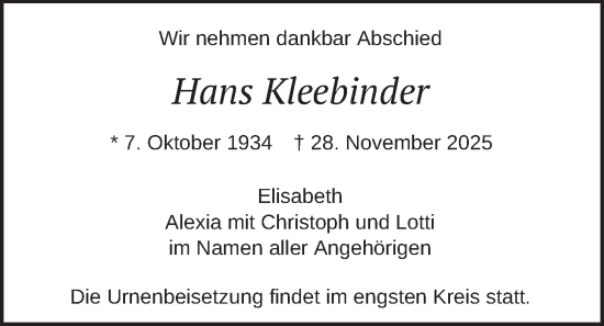 Traueranzeige von Hans Kleebinder von merkurtz