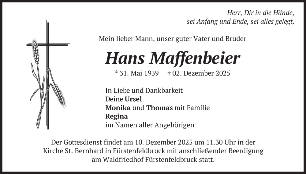  Traueranzeige für Hans Maffenbeier vom 06.12.2025 aus merkurtz