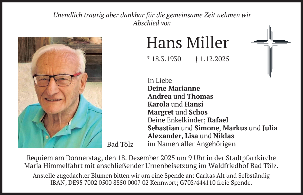  Traueranzeige für Hans Miller vom 13.12.2025 aus merkurtz