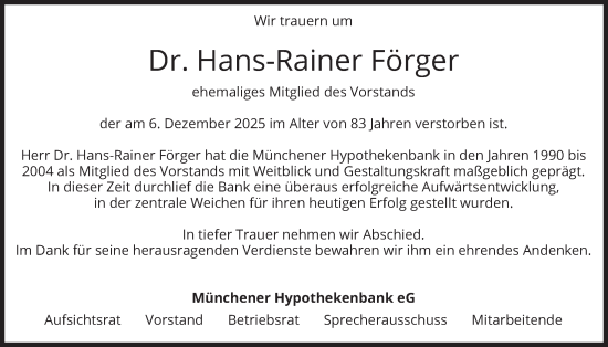 Traueranzeige von Hans-Rainer Förger von merkurtz