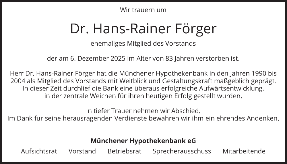  Traueranzeige für Hans-Rainer Förger vom 11.12.2025 aus merkurtz
