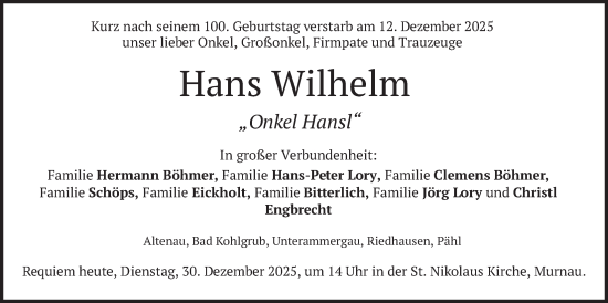 Traueranzeige von Hans Wilhelm von merkurtz