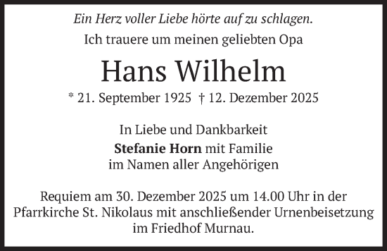 Traueranzeige von Hans Wilhelm von merkurtz