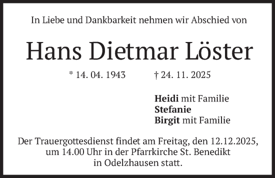 Traueranzeige von Hans Dietmar Löster von merkurtz