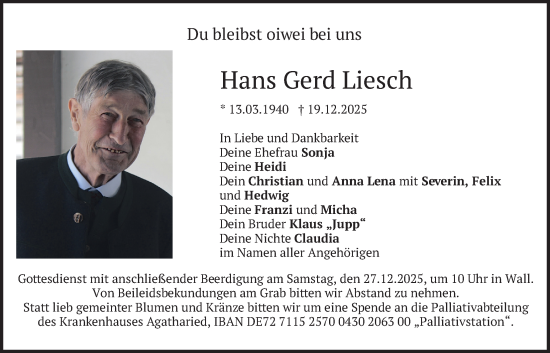 Traueranzeige von Hans Gerd Liesch von merkurtz