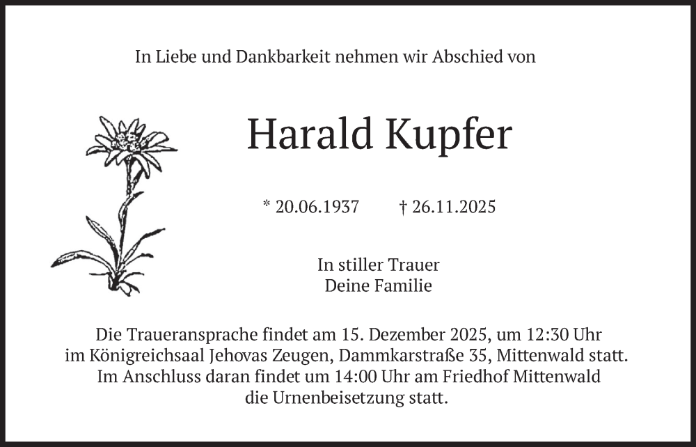  Traueranzeige für Harald Kupfer vom 13.12.2025 aus merkurtz