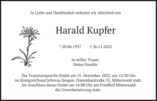 Traueranzeige von Harald Kupfer von merkurtz