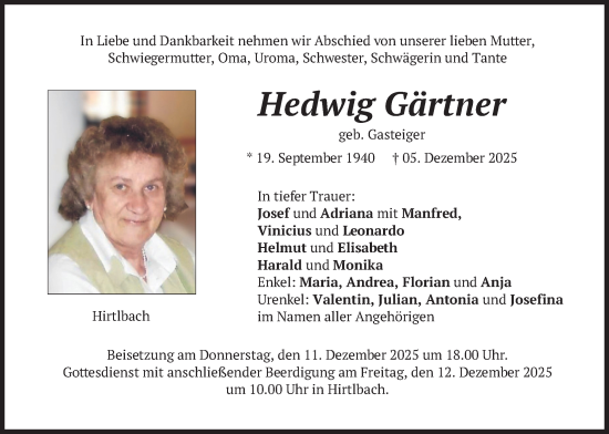 Traueranzeige von Hedwig Gärtner von merkurtz