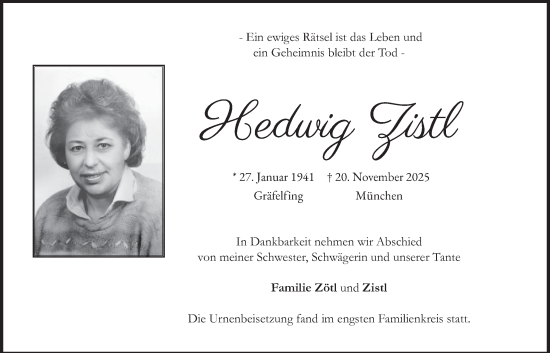 Traueranzeige von Hedwig Zistl von merkurtz