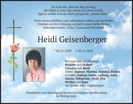 Traueranzeige von Heidi Geisenberger von merkurtz