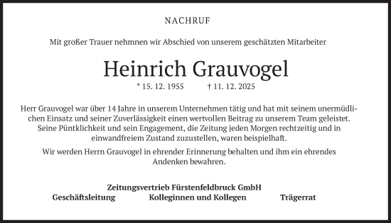 Traueranzeige von Heinrich Grauvogel von merkurtz