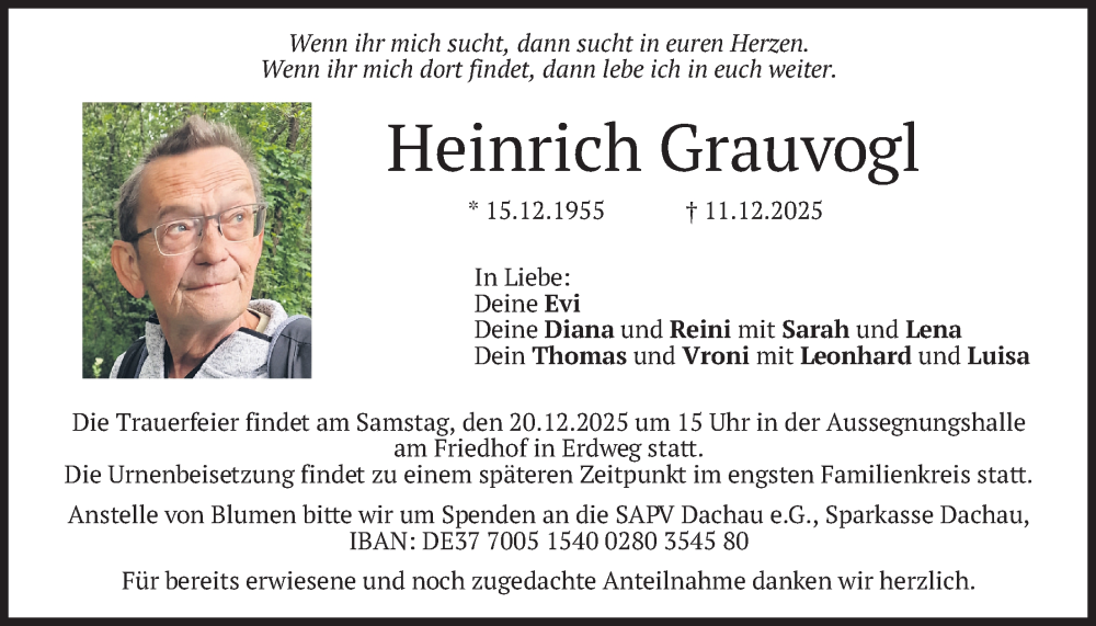  Traueranzeige für Heinrich Grauvogl vom 16.12.2025 aus merkurtz
