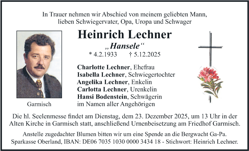  Traueranzeige für Heinrich Lechner vom 20.12.2025 aus merkurtz