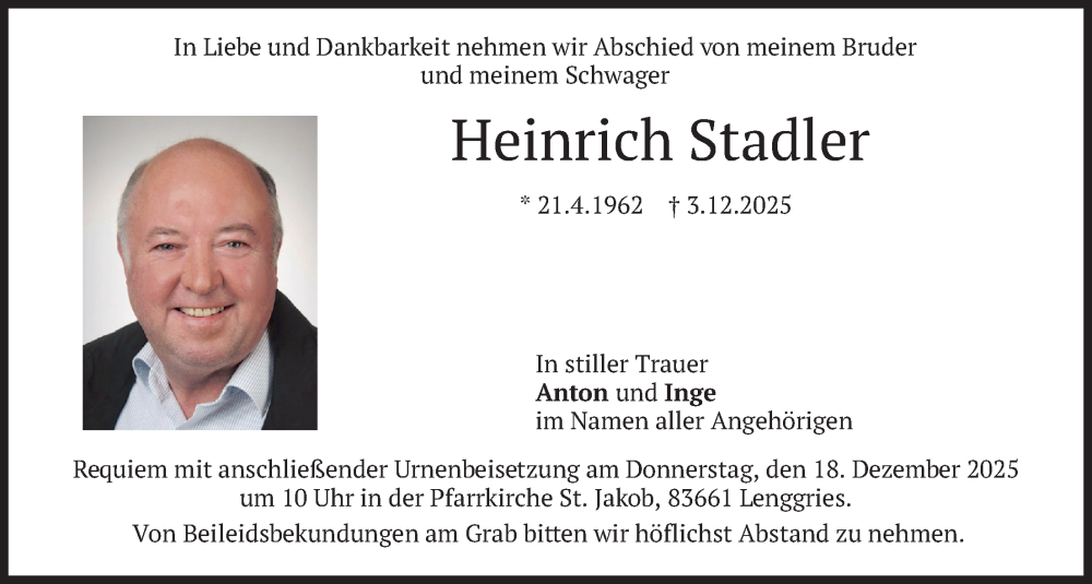  Traueranzeige für Heinrich Stadler vom 13.12.2025 aus merkurtz
