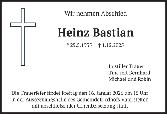 Traueranzeige von Heinz Bastian von merkurtz