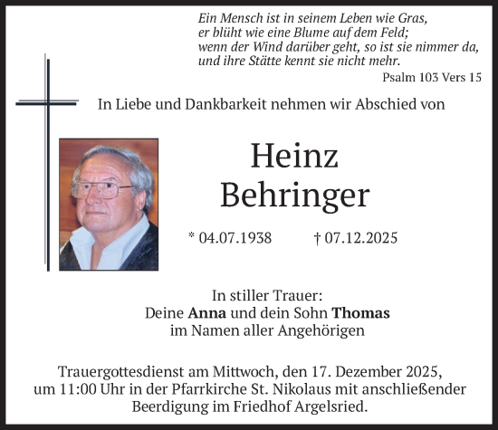Traueranzeige von Heinz Behringer von merkurtz
