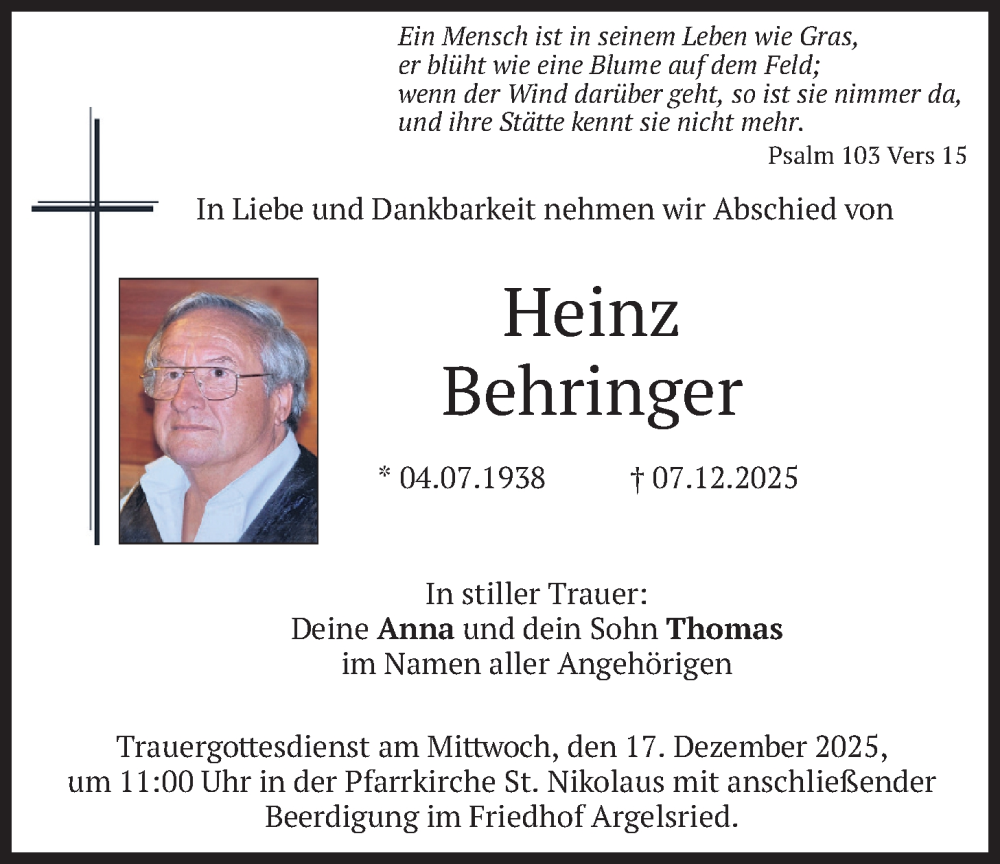  Traueranzeige für Heinz Behringer vom 13.12.2025 aus merkurtz