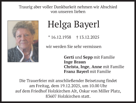 Traueranzeige von Helga Bayerl von merkurtz