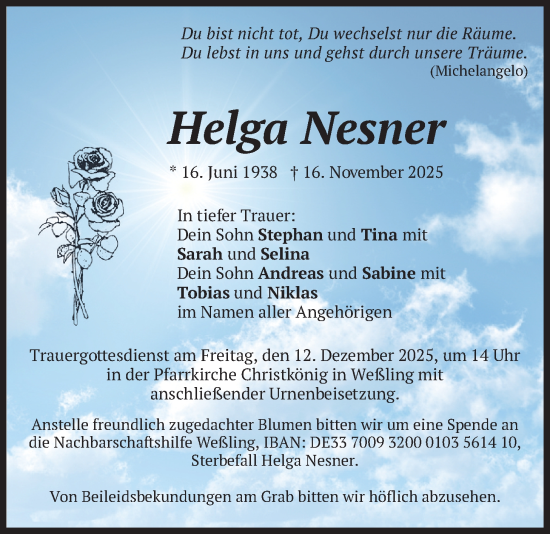 Traueranzeige von Helga Nesner von merkurtz