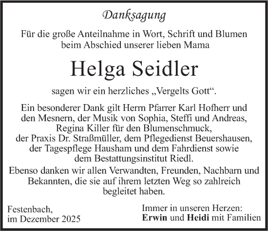 Traueranzeige von Helga Seidler von merkurtz