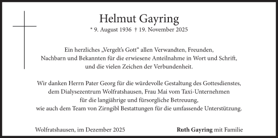 Traueranzeige von Helmut Gayring von merkurtz