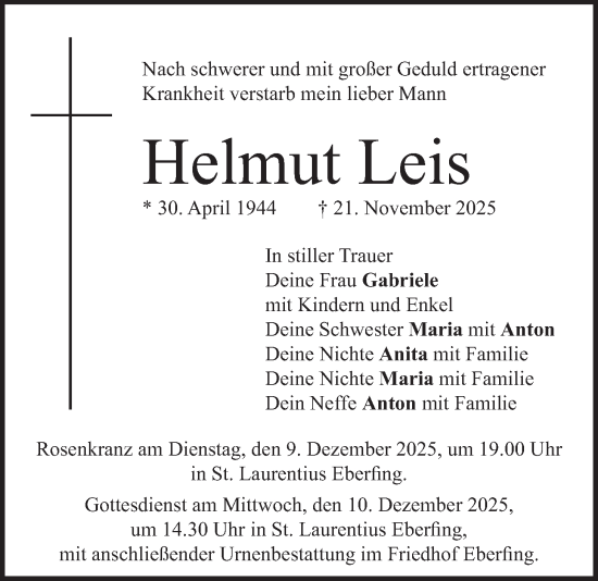 Traueranzeige von Helmut Leis von merkurtz