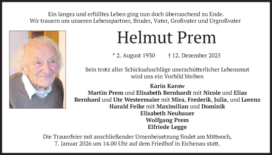 Traueranzeige von Helmut Prem von merkurtz