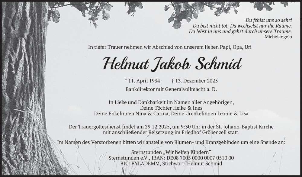  Traueranzeige für Helmut Jakob Schmid vom 20.12.2025 aus merkurtz