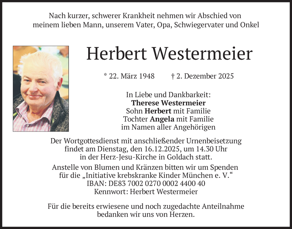  Traueranzeige für Herbert Westermeier vom 13.12.2025 aus merkurtz