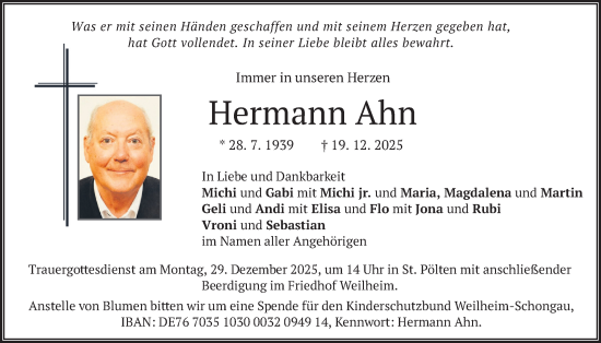 Traueranzeige von Hermann Ahn von merkurtz
