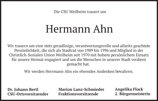 Traueranzeige von Hermann Ahn von merkurtz