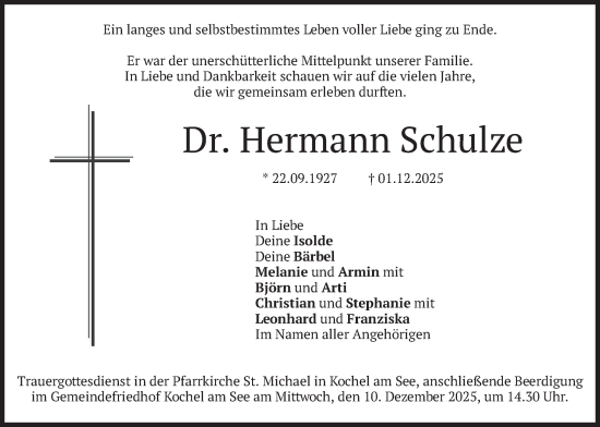Traueranzeige von Hermann Schulze von merkurtz