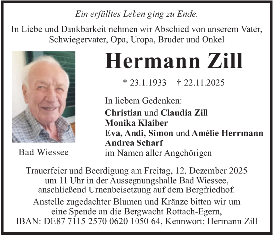 Traueranzeige von Hermann Zill von merkurtz