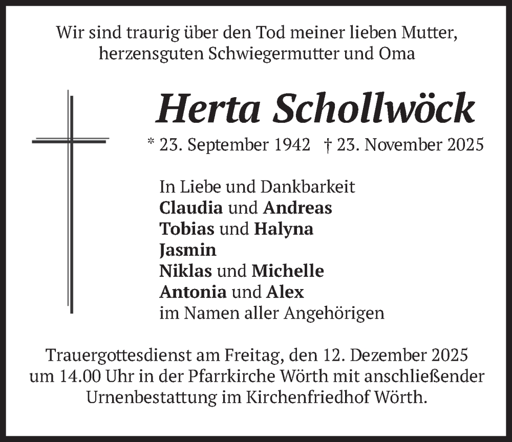  Traueranzeige für Herta Schollwöck vom 06.12.2025 aus merkurtz