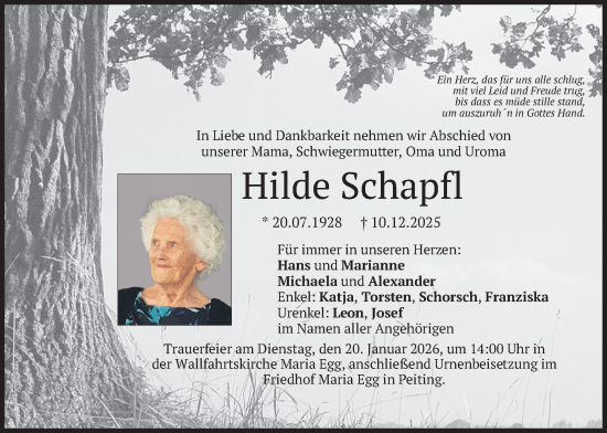 Traueranzeige von Hilde Schapfl von merkurtz