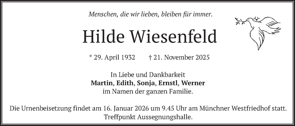  Traueranzeige für Hilde Wiesenfeld vom 06.12.2025 aus merkurtz
