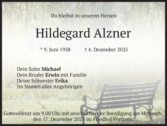 Traueranzeige von HIldegard Alzner von merkurtz